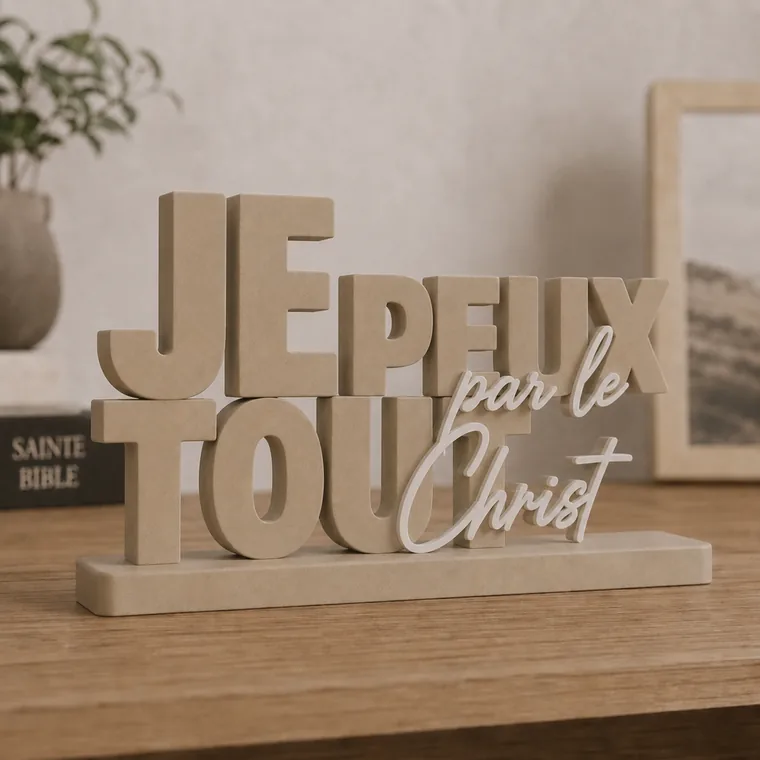 Pièce décorative « Je peux tout en Christ » imprimée en 3D sur une table en bois