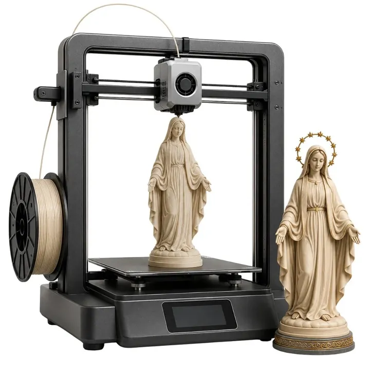 Imprimante 3D imprimant une image religieuse à côté de pièces déjà terminées